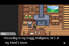 Image de MOTHER 3 en anglais dans lequel Alec commence une réplique par&nbsp;: « According to my froggy intelligence »