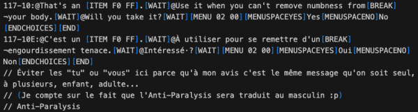 Exemple de commentaires à l’intérieur du script pour me rappeler qu’une certaine réplique ne doit pas contenir de « tu » ou de « vous » car elle est réutilisée dans différents contextes