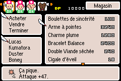 Image de MOTHER 3 en français dans laquelle on voit que le Spiky Weapon s’appelle en français Arme à pointes